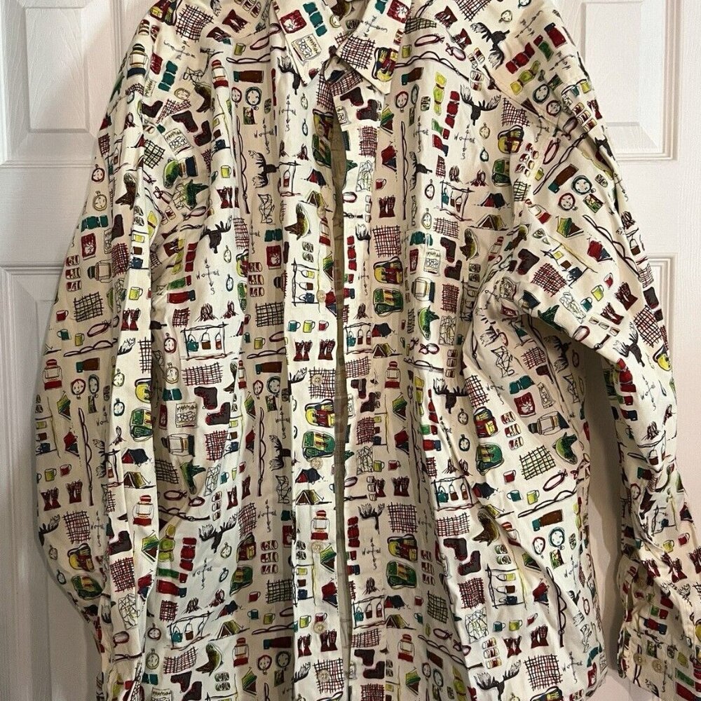 Barn Fly Mens XL Camping Novelty Print Cotton Button Down Shirt Made in USA